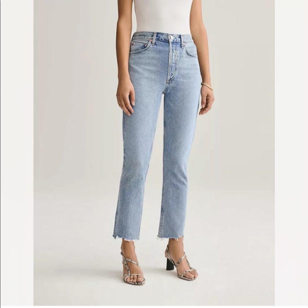 NWT Agolde Womens Blue Riley In Zephyr Crop Raw Hem Rigid Straight Jeans Size 24